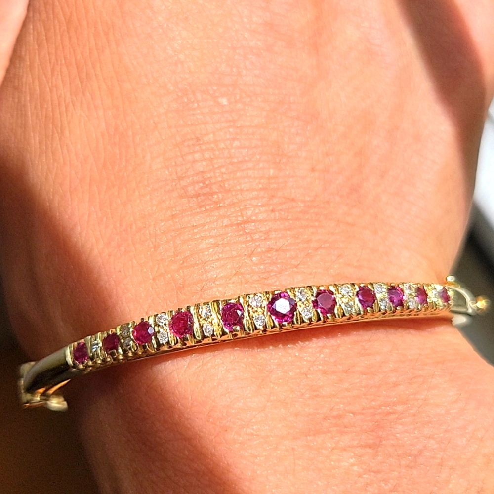 14k solid gold diamonds red sapphires bangle